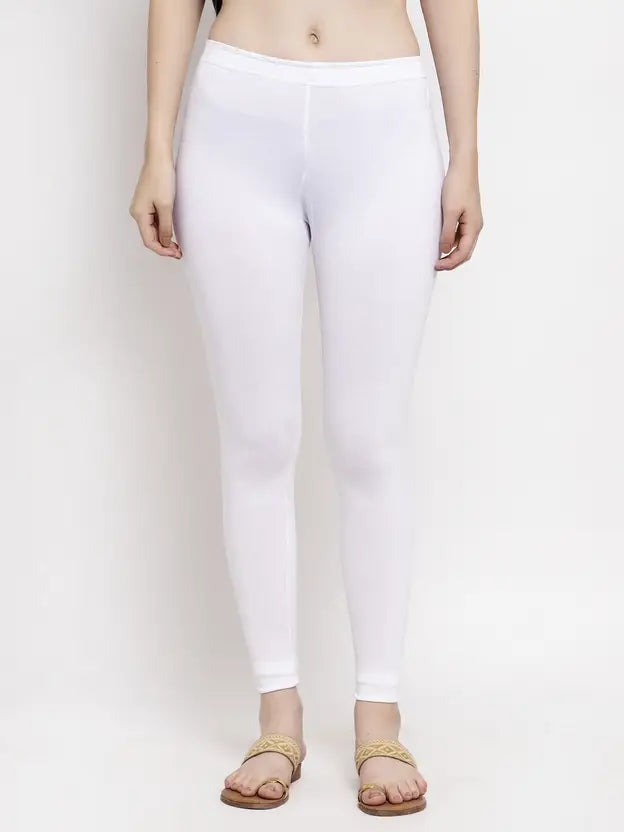 Women's Solid White Cotton Ankle-Length Legging